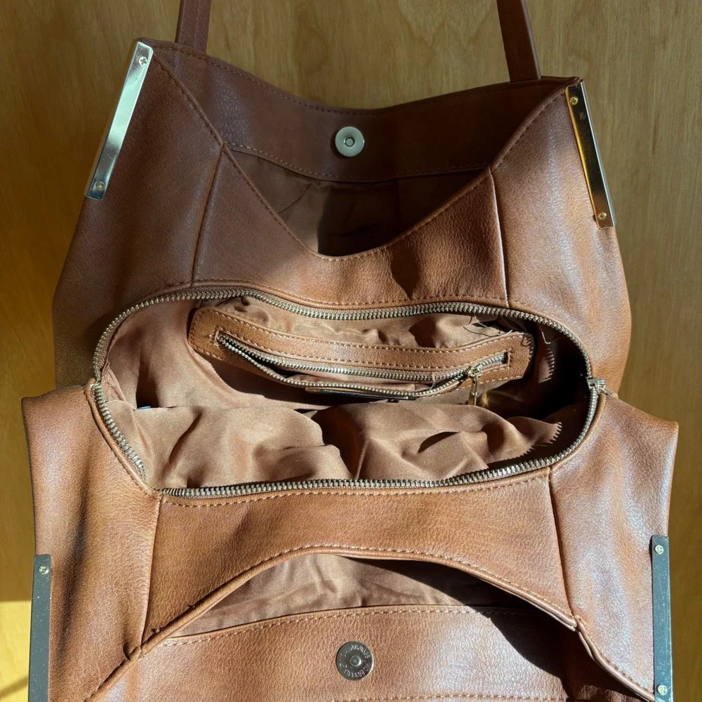 Madison West Tote Bag Womens Large Brown Vegan Leather Triple‎ Compartment Gold